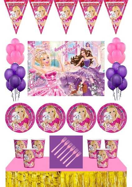 Barbie Doğum Günü 24 Kişilik Afişli Barbie Parti Malzemeleri Seti Masa Etekli