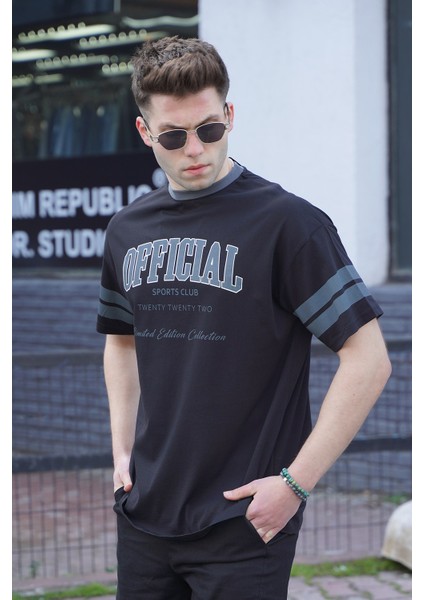 Siyah Baskılı Oversize Erkek Tişört
