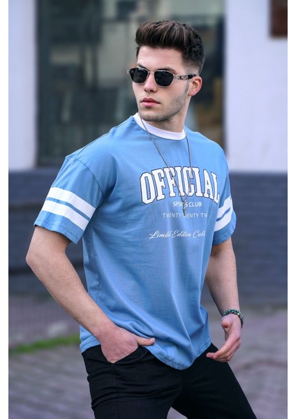 Mavi Baskılı Oversize Erkek Tişört