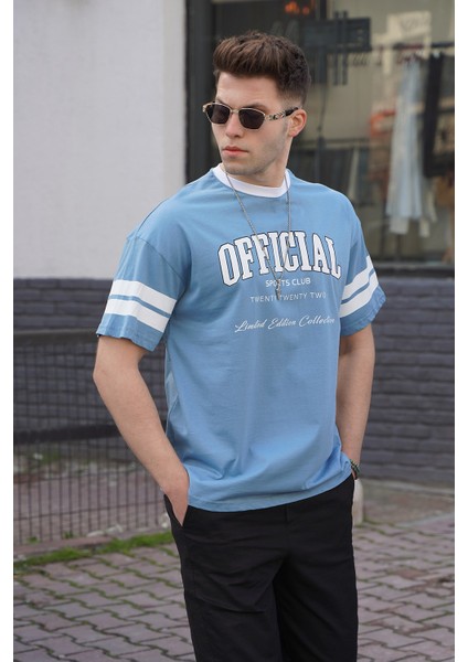 Mavi Baskılı Oversize Erkek Tişört