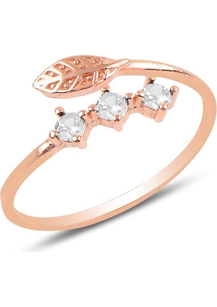 Gümüş Rose Zirkon Taşlı Ayarlamalı Yaprak Modeli Yüzük