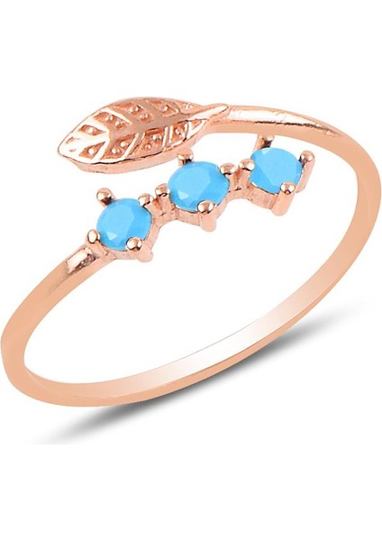 Gümüş Rose Turkuaz Taşlı Ayarlamalı Yaprak Modeli Yüzük