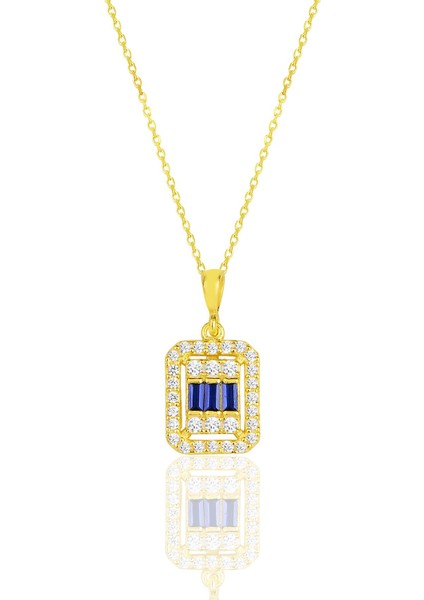 Gümüş Altın Yaldızlı Baget Kesim Safir Taşlı Çizgili Kolye