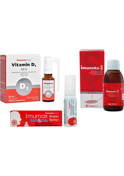Şurup 150 Ml+Imuneks Vitamin D3 400 Iu Sprey 20 Ml+Imumax Boğaz Spreyi 3+ Yaş 20 ml