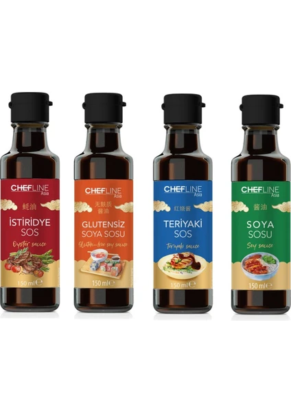 Chefline Asia Glutensiz Soya 150 ml + İstiridye Sos 150 ml + Soya Sosu 150 ml + Teriyaki Sos 150 ml 4'lü