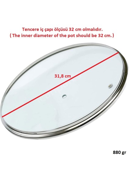 Tencere Sahan Tava Cam Kapağı Buhar Delikli Kapak 32 cm ve Mavi Tutma Tepesi