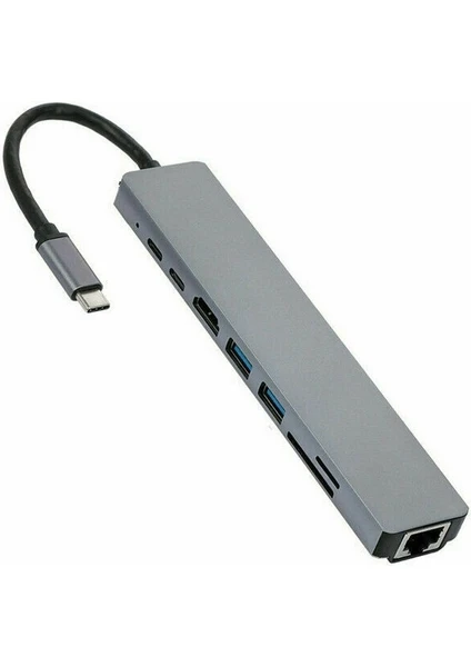 4681 Type C To HDMI USB 3.0 Sd Microsd 8in1 Kart RJ45 Ethernet Çevirici Dönüştürücü Adaptör