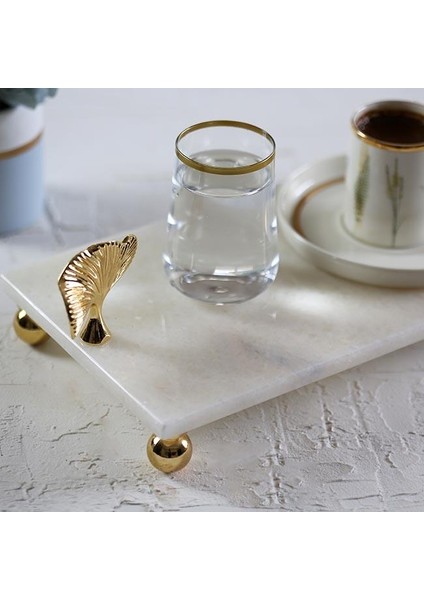 Mermer Beyaz 30 x 15 cm Altın Ayak Ginkgo Sunum Tabağı