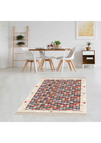 Kilim Desenli Renk Bloklu Etnik Dijital Baskı Yıkanabilir Kaymaz Taban Modern Salon Halı ve Yolluk