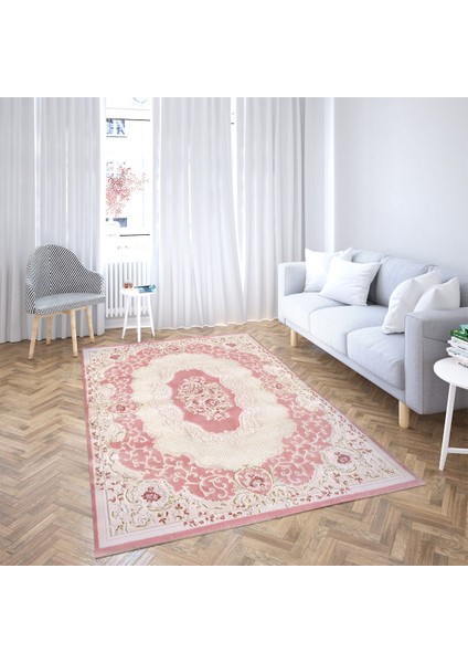 Osmanlı Motifler Desenli Dijital Baskı Yıkanabilir Kaymaz Taban Klasik Salon Halı ve Yolluk(Pembe)