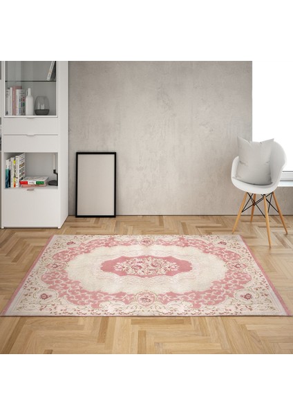 Osmanlı Motifler Desenli Dijital Baskı Yıkanabilir Kaymaz Taban Klasik Salon Halı ve Yolluk(Pembe)