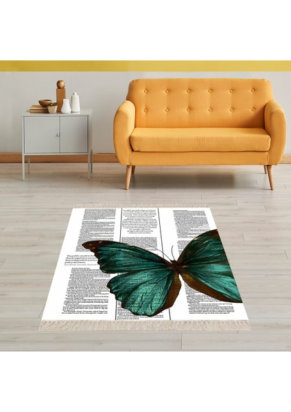 Kelebek Desenli Dijital Baskı Yıkanabilir Kaymaz Taban Vintage Salon Halı ve Yolluk