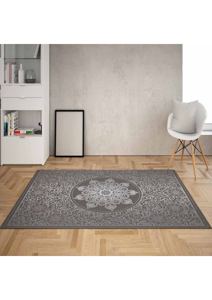 Osmanlı Motifler Desenli Göbekli Dijital Baskı Yıkanabilir Kaymaz Taban Klasik Salon Halısı (Gri)