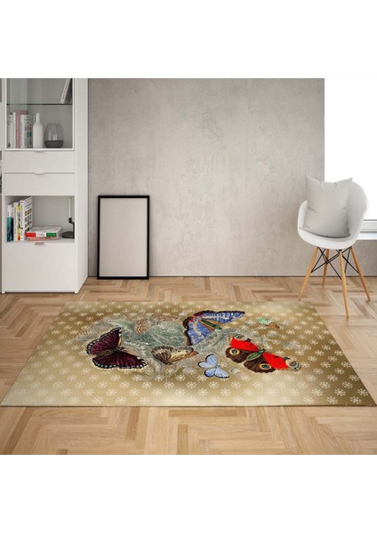 Kelebek Desenli Dijital Baskı Yıkanabilir Kaymaz Taban Vintage Salon Halı ve Yolluk