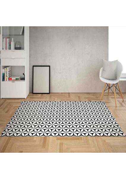 Geometrik Karo Desen Dijital Baskı Yıkanabilir Kaymaz Taban Düz Salon Halısı (Beyaz Siyah)