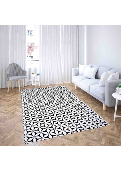 Geometrik Karo Desen Dijital Baskı Yıkanabilir Kaymaz Taban Düz Salon Halısı (Beyaz Siyah) fiyatları