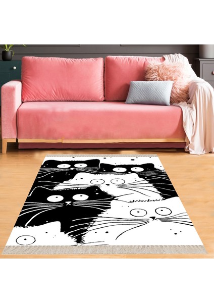 Kedi Desenli Dijital Baskılı Kaymaz Taban Yıkanabilir Çocuk Odası Salon Halısı