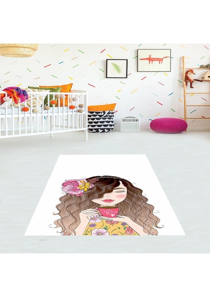 Coffee Kız Dijital Baskı Yıkanabilir Kaymaz Taban Çocuk ve Bebek Odası Halısı