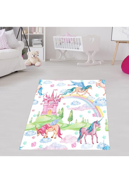 Unicorn Desenli Unicornlu Dijital Baskı Yıkanabilir Kaymaz Taban Leke Tutmaz Çocuk Odası Halısı