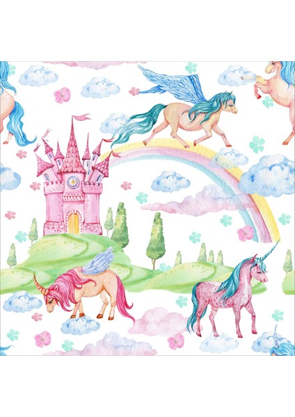 Unicorn Desenli Unicornlu Dijital Baskı Yıkanabilir Kaymaz Taban Leke Tutmaz Çocuk Odası Halısı