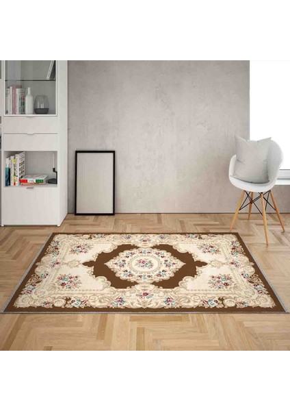 Osmanlı Motifler Desenli Dijital Baskı Yıkanabilir Kaymaz Taban Klasik Salon Halı ve Yolluk (Kahve)