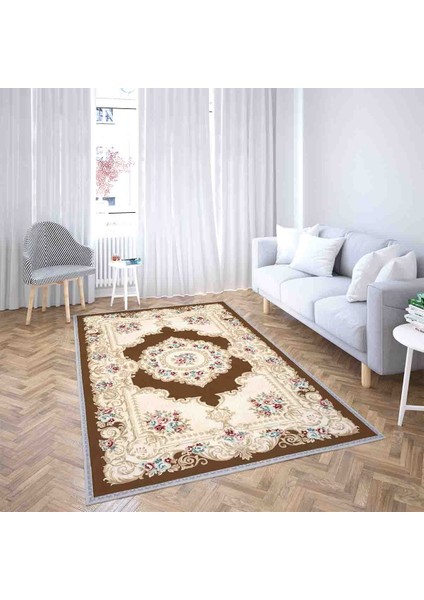Osmanlı Motifler Desenli Dijital Baskı Yıkanabilir Kaymaz Taban Klasik Salon Halı ve Yolluk (Kahve) fiyatları