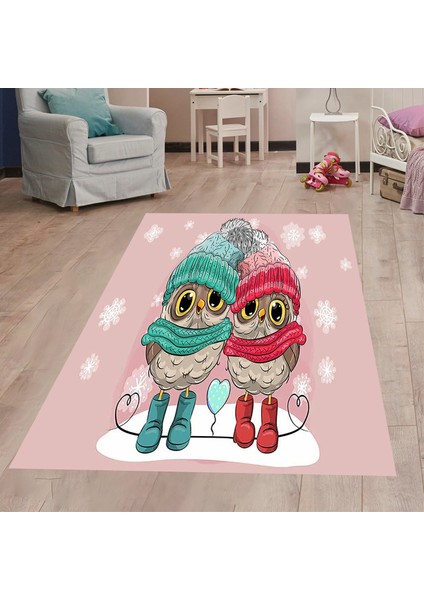 Baykuş Desenli Dijital Baskılı Kaymaz Taban Çocuk Odası Halısı