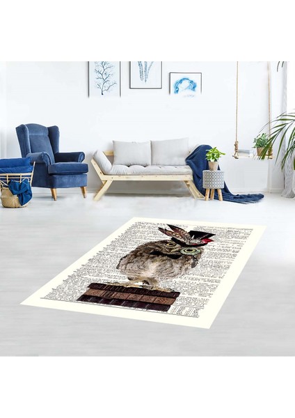 Gazete Üzerinde Bilge Baykuş Dijital Baskı Yıkanabilir Modern Çocuk Halısı