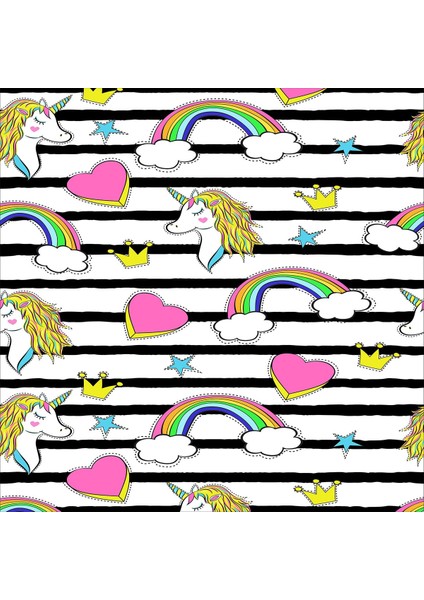 Gökkuşağı Desen Unicornlu Çizgili Dijital Baskı Yıkanabilir Kaymaz Taban Bebek ve Çocuk Odası Halısı