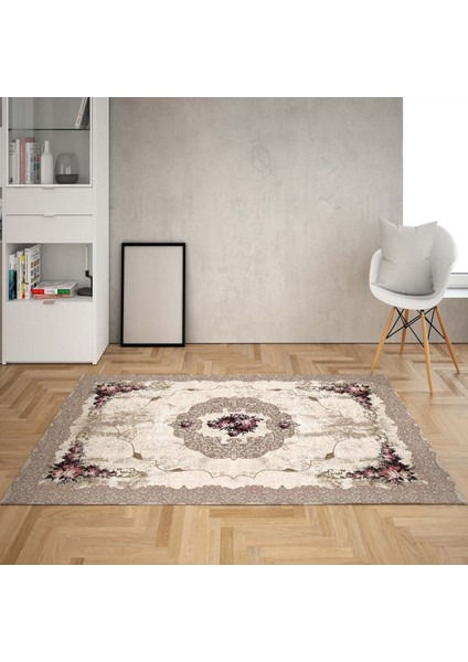 Çiçek Gül Desenli Dijital Baskı Yıkanabilir Kaymaz Taban Vintage Salon Halı ve Yolluk (Bej)