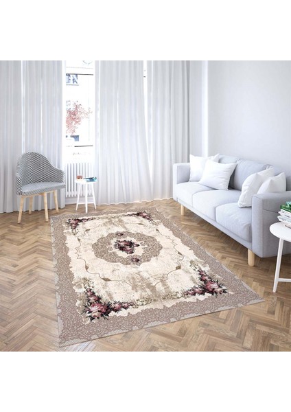 Çiçek Gül Desenli Dijital Baskı Yıkanabilir Kaymaz Taban Vintage Salon Halı ve Yolluk (Bej)
