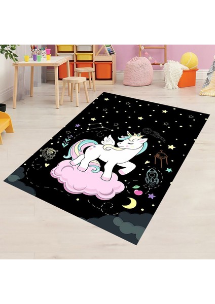 Bulut Üstünde Unicorn Desenli Dijital Baskılı Kaymaz Taban Çocuk Odası Halısı