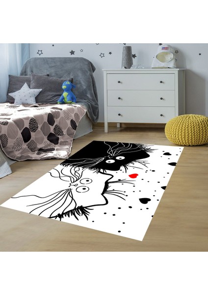 Kedili Halı Kedi Desenli Dijital Baskı Yıkanabilir Kaymaz Taban Bebek ve Çocuk Odası Halısı