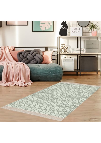 Geometrik Desenli Dijital Baskı Yıkanabilir Kaymaz Taban Modern Kilim Desen Salon Halı (Bej)