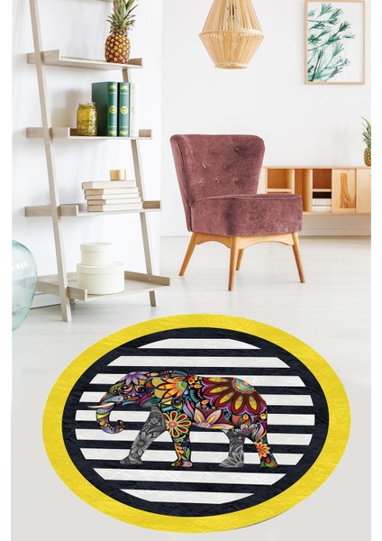 Sarı Fil Desenli Etnik Dijital Baskı Yıkanabilir Modern Salon Filli Yuvarlak Salon ve Hol Halı(Sarı)