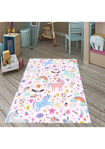Unicorn Desen Yıldız Gökkuşağı Dijital Baskı Yıkanabilir Kaymaz Taban Leke Tutmaz Çocuk Odası Halısı