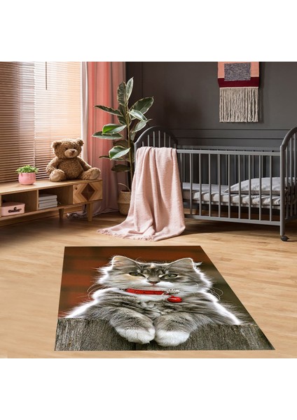 Kedi Desenli Halı Kedili Halı Dijital Baskı Yıkanabilir Kaymaz Taban Çocuk Odası Halısı