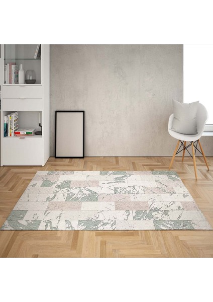 Kare Blok Desenli Dijital Baskı Yıkanabilir Kaymaz Taban Modern Salon Halısı ve Yolluk (Yeşil)