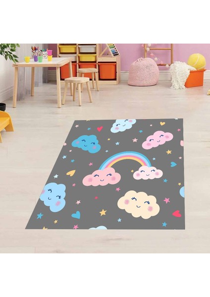 Gökkuşağı Yıldız Bulut Desenli Dijital Baskı Yıkanabilir Kaymaz Taban Leke Tutmaz Çocuk Odası Halısı