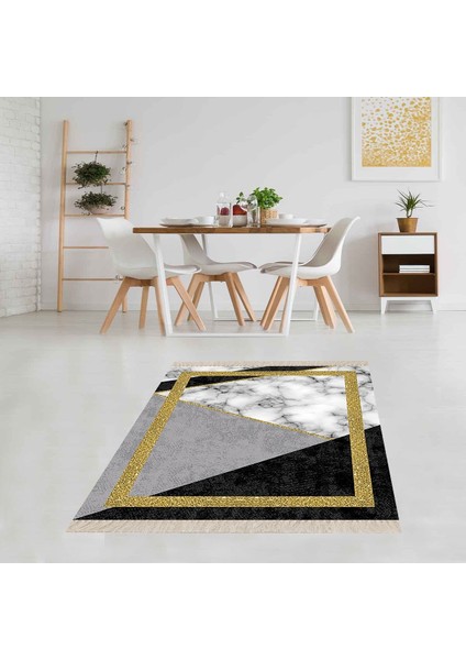 Gold Çerçeveli Mermer Desen Dijital Baskı Kaymaz Taban Yıkanabilir Modern Salon Halısı ve Yollu