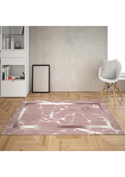 Mermer Desenli Yıkanabilir Kaymaz Taban Leke Tutmaz Modern Salon Halısı ve Yollu (Gül Kurusu)