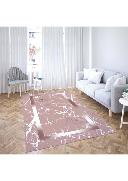 Mermer Desenli Yıkanabilir Kaymaz Taban Leke Tutmaz Modern Salon Halısı ve Yollu (Gül Kurusu)