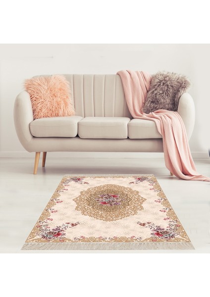 Çiçek Desenli Çerçeveli Dijital Baskı Yıkanabilir Kaymaz Taban Vintage Salon Halısı ve Yolluk (Gri)