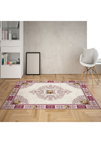 Çiçek Desenli Dijital Baskı Yıkanabilir Kaymaz Taban Leke Tutmaz Vintage Salon Halısı