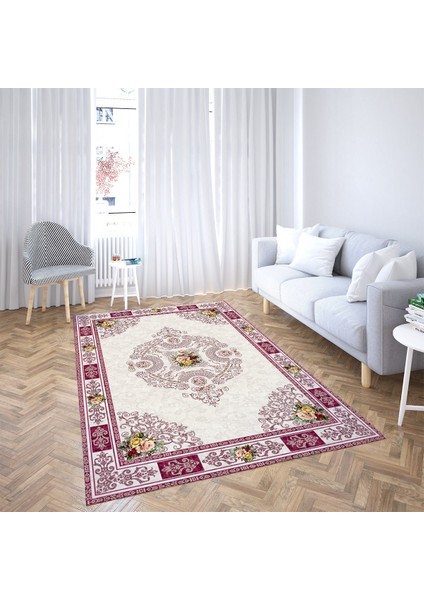 Çiçek Desenli Dijital Baskı Yıkanabilir Kaymaz Taban Leke Tutmaz Vintage Salon Halısı
