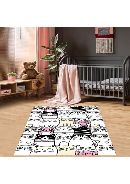 Kedi Desenli Halı Kedili Halı Dijital Baskı Yıkanabilir Kaymaz Taban Çocuk Odası Halısı