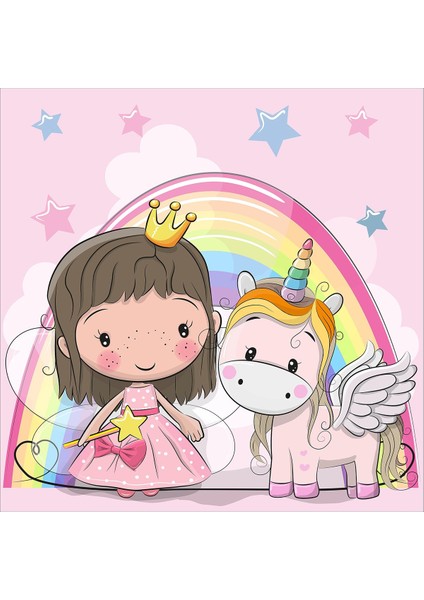 Sevimli Unicorn ve Prenses Desenli Dijital Baskı Yıkanabilir Kaydırmaz Leke Tutmaz Çocuk Odası Halı