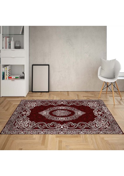 Osmanlı Motifler Desenli Dijital Baskı Yıkanabilir Kaymaz Taban Klasik Salon Halı ve Yolluk (Bordo)