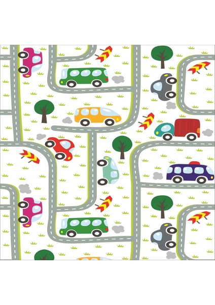 Araba Yollu Trafik Yolu Eğitici Oyun Halısı Dijital Baskılı Kaymaz Taban Çocuk Odası Halısı