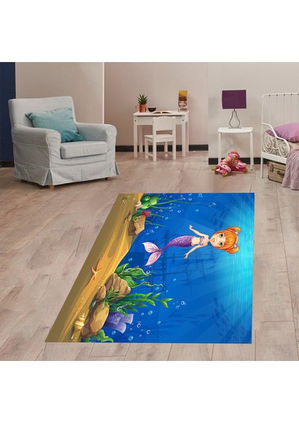 Deniz Kızı Desenli Renkli Dijital Baskı Yıkanabilir Kaymaz Taban Bebek ve Çocuk Odası Halısı